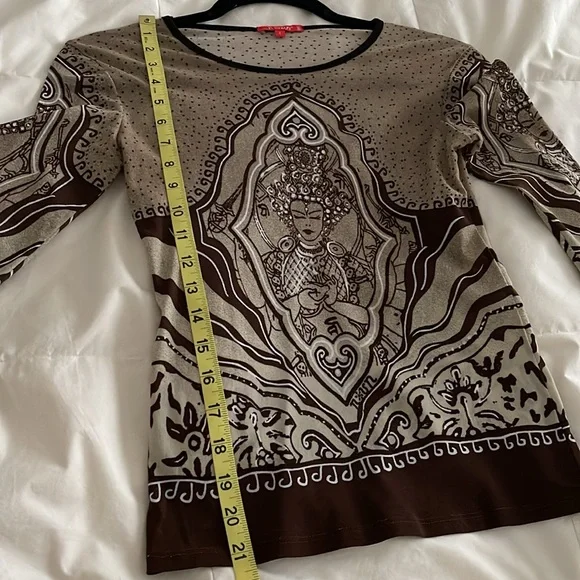 Vintage Noun Paris Tribal Print Y2K 3/4 Sleeve Knit Top BrownBeige made n France - Picture 7 of 11